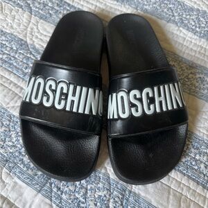 Moschino Black Slides with White Logo Sz 38